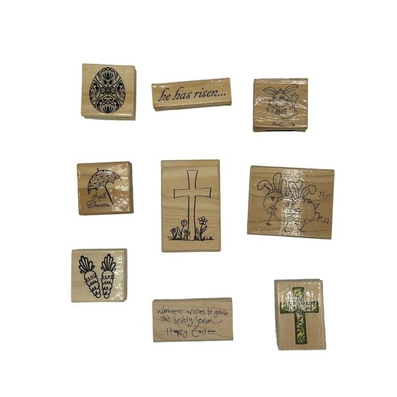 Lot of 9 wooden rubber stamps‎ Easter Rabbit Cross Chicken Egg Phrases - Picture 1 of 5